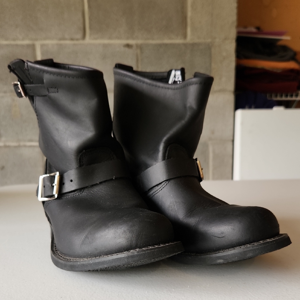 Frye Black Combat Moto Boots with Buckled Strap